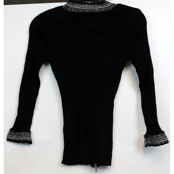 Cache Sweater Silk blend V-Neck sz S Black Ribbed Zipper Shiny Lace Stretch - Picture 4 of 7